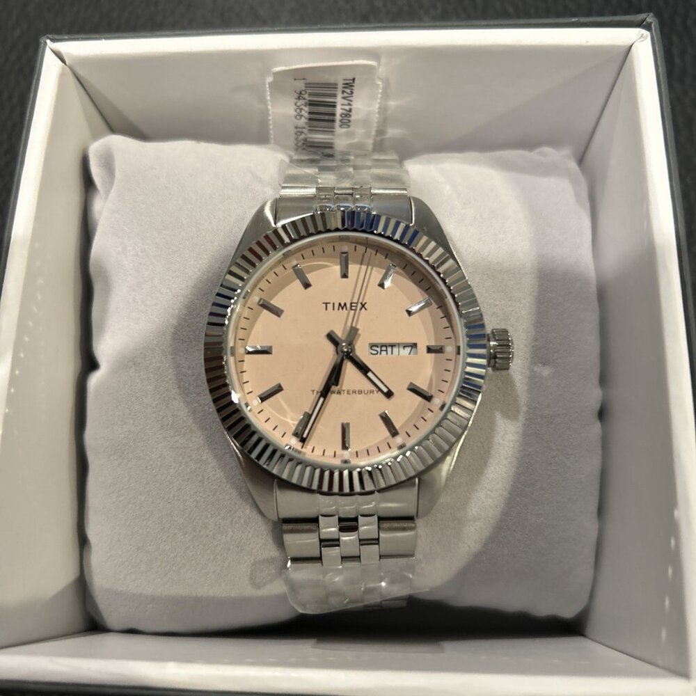 Timex Waterbury 41mm Pink Dial Day Date Stainless Steel Watch